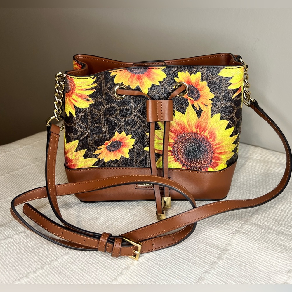 Small Crossbody Bag - Camel Leather and Sunflower Print
